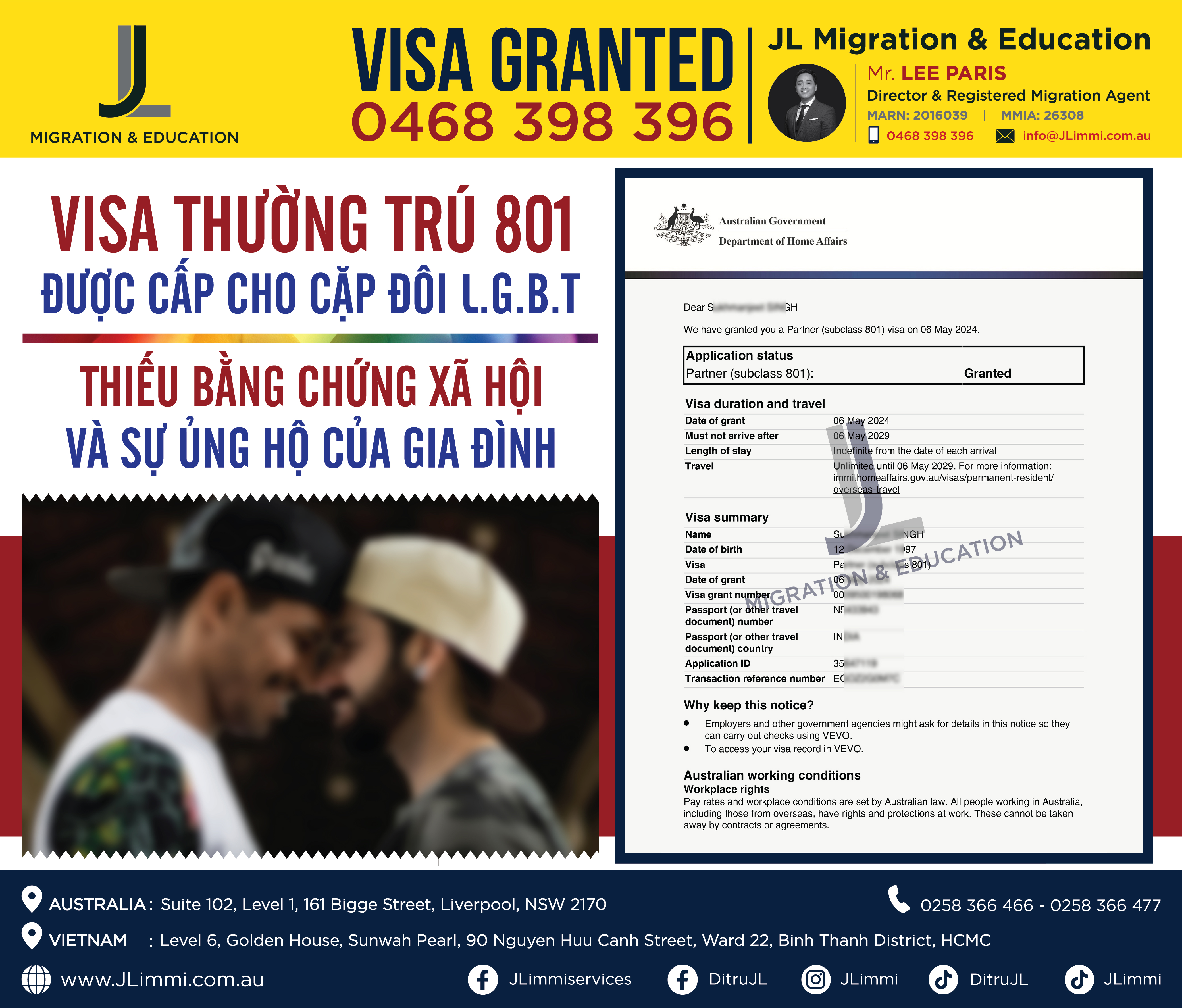 Visa thường trú 801 được cấp cho cặp đôi LGBT thiếu bằng chứng xã hội và sự ủng hộ của gia đình Visa thường trú 801 được cấp cho cặp đôi LGBT thiếu bằng chứng xã hội và sự ủng hộ của gia đình
